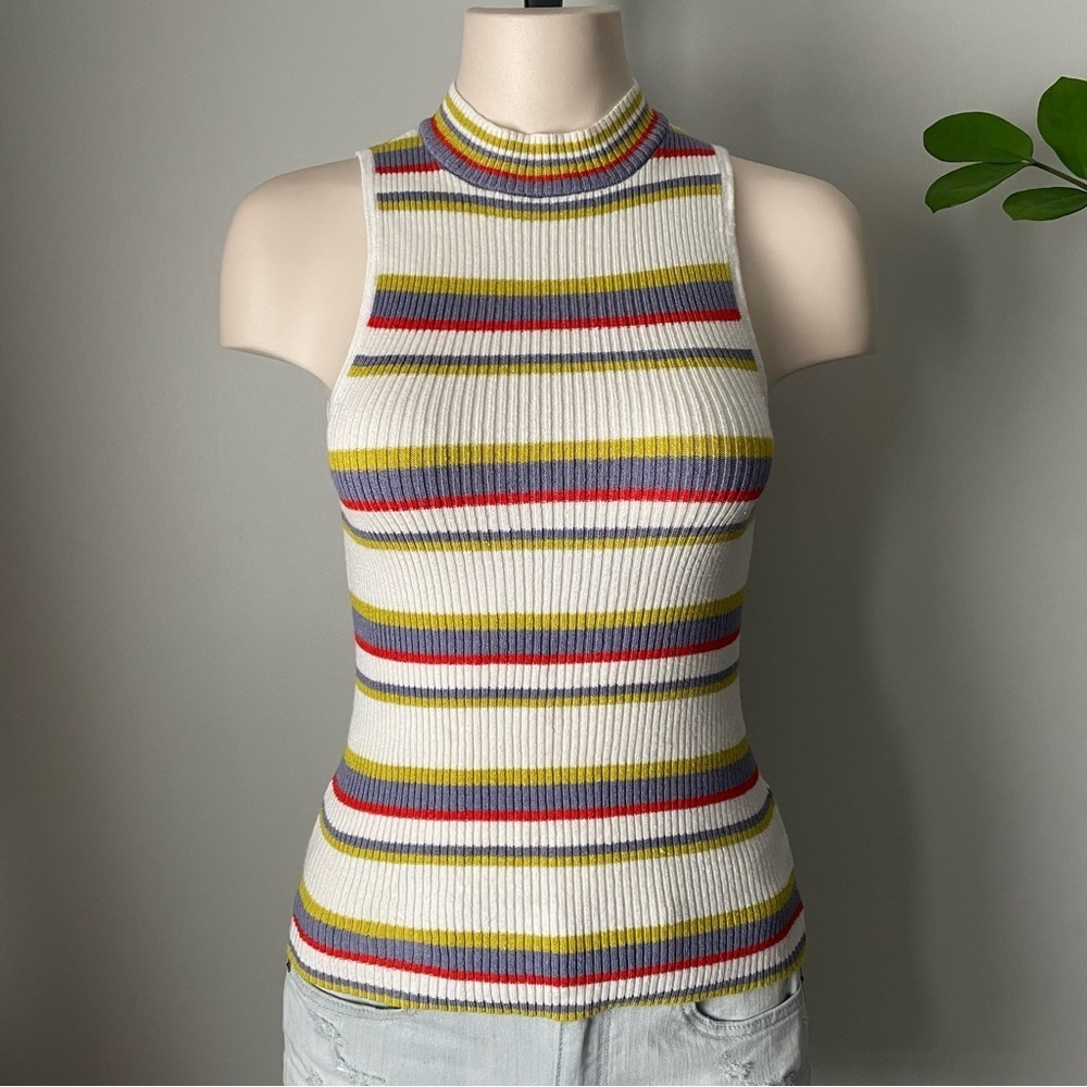 Moth Linen Blend Sleeveless High Neck Sweater Striped Size Small ANTHRO